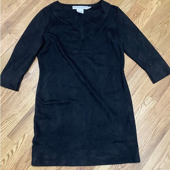 Gretchen Scott Vegan Faux‎ Suede 3/4 sleeve Split Neck Knee Length Black Dress S - Picture 1 of 4